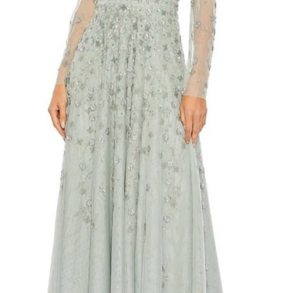 Mac Duggal Beaded Embellished Surplice VNeck Illusion Lg Sleeve A-Line Gown Sz18